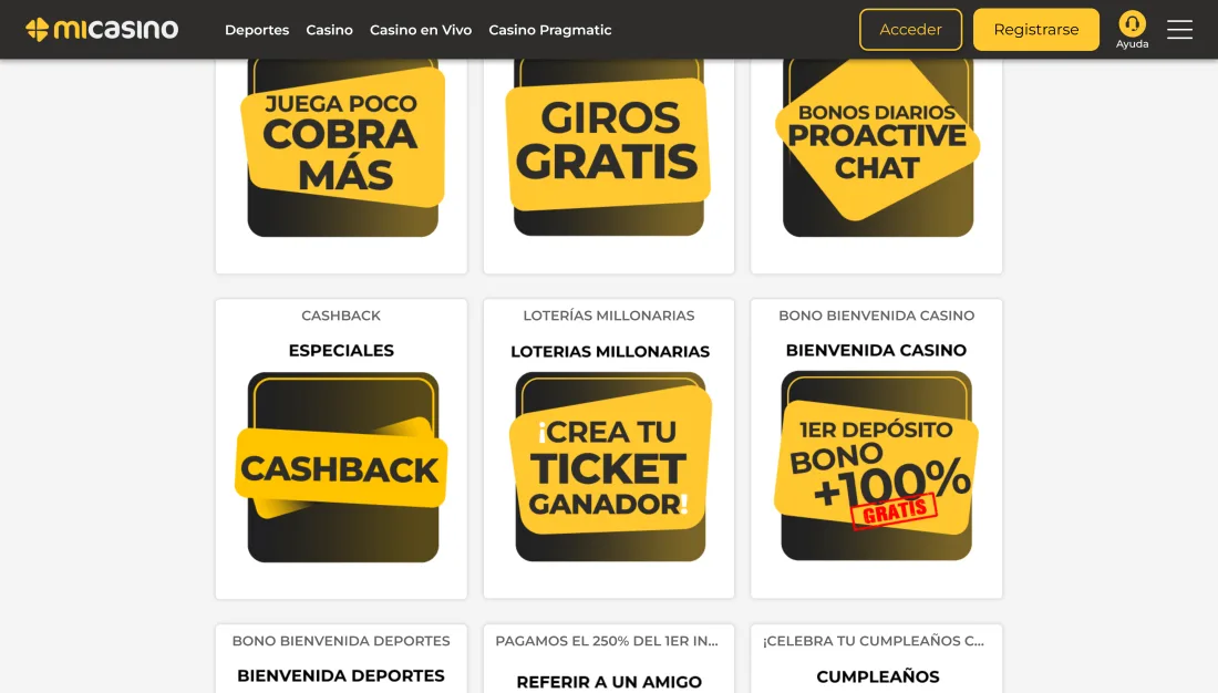 Página de bonos y promociones de MiCasino con cashback, giros gratis y bono de bienvenida
