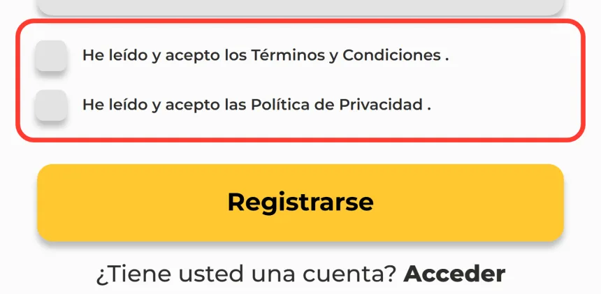 Casillas de términos y condiciones y política de privacidad en el registro de MiCasino