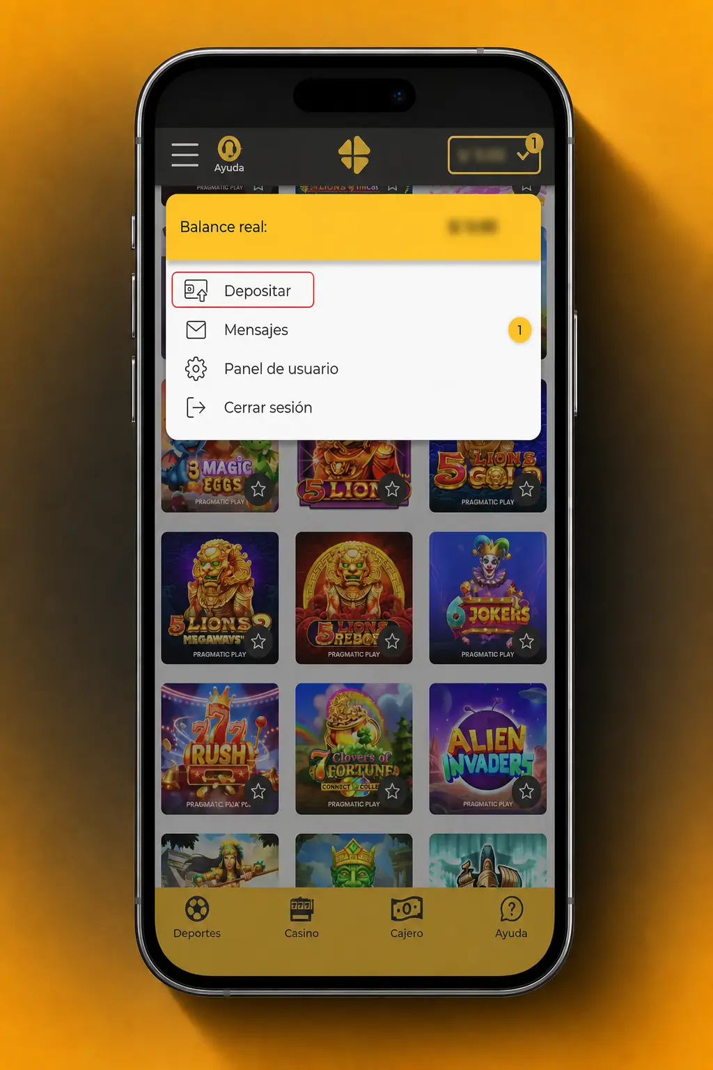 Pasos para depositar en la app de Micasino Perú: iniciar sesión, elegir método de pago e ingresar el monto.
