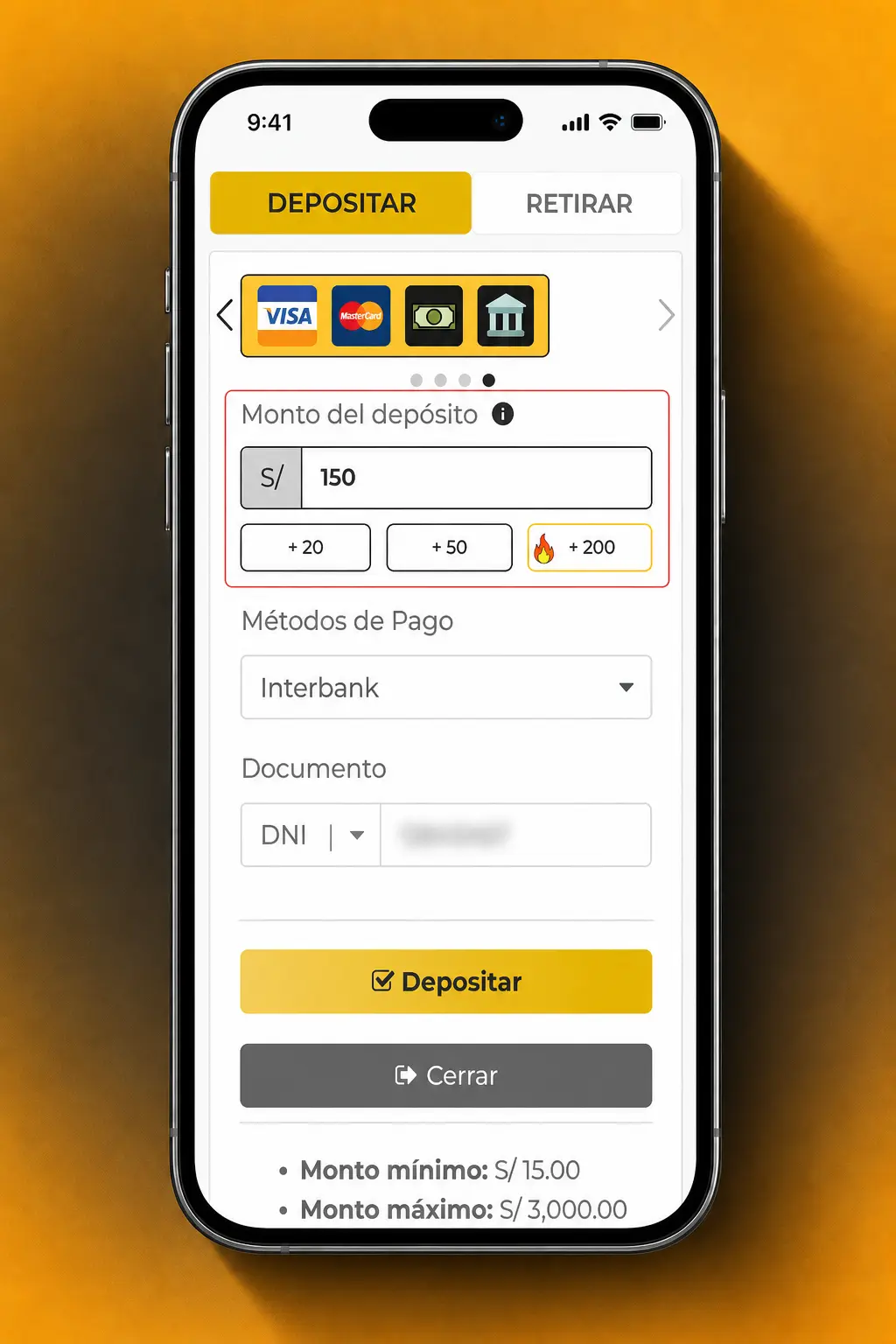 Pasos para depositar en la app de Micasino Perú: inicia sesión, elige método de pago e ingresa el monto a depositar.