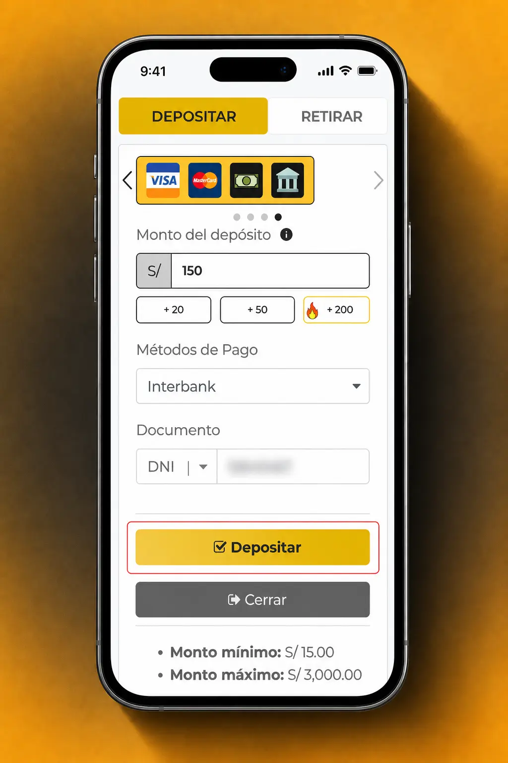 Pasos para depositar en la app de Micasino Perú: iniciar sesión, elegir método de pago e ingresar el monto a depositar.