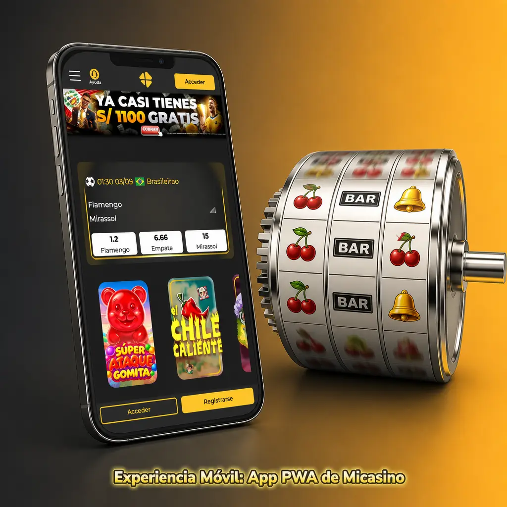 Captura de la app PWA de Micasino en celular, con acceso rápido a tragamonedas y casino en vivo sin instalación